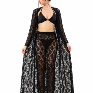 Black Lace Halter Robe & Pants Set 3 Piece Sheer Floral Lace Cover-Up with Bralette