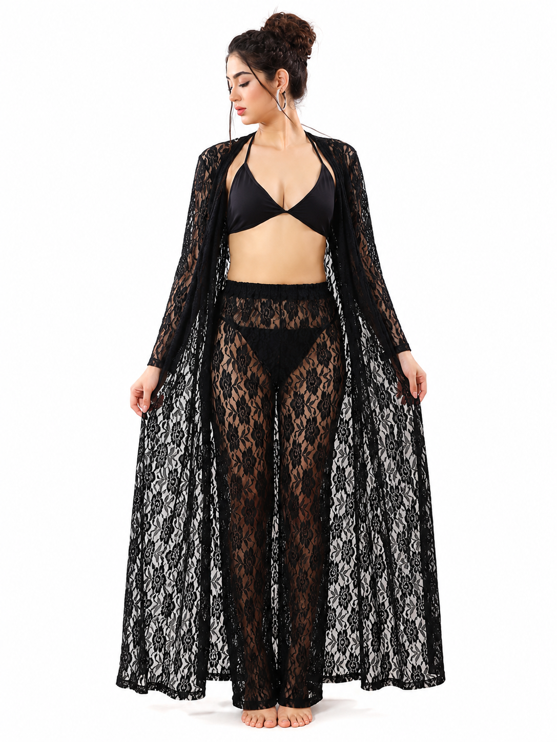Black Lace Halter Robe & Pants Set 3 Piece Sheer Floral Lace Cover-Up with Bralette