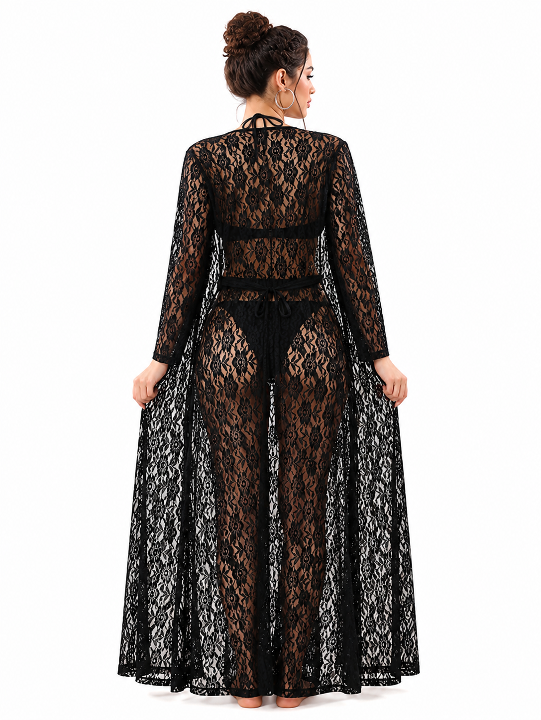 Black Lace Halter Robe & Pants Set 3 Piece Sheer Floral Lace Cover-Up with Bralette - Image 2
