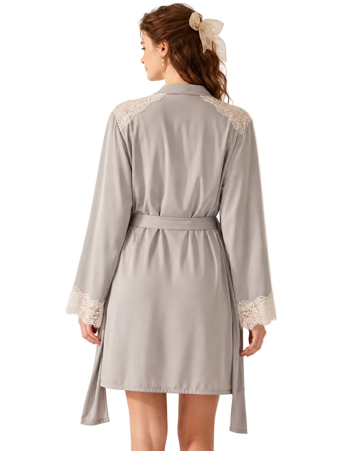 Women’s Satin Lace Trim Robe Long Sleeve Luxury Dressing Gown - Image 4