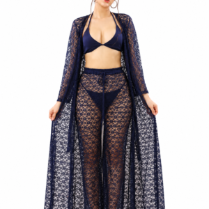 Navy Blue Lace Halter Robe & Pants Set 3 Piece Sheer Lace Cover-Up with Bralette
