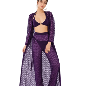Purple Lace Halter Robe & Pants Set 3 Piece Sheer Lace Cover-Up with Bralette