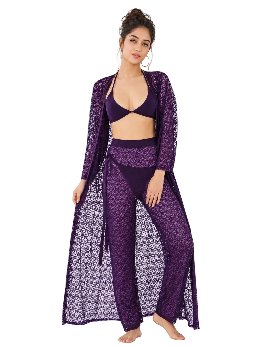 Purple Lace Halter Robe & Pants Set 3 Piece Sheer Lace Cover-Up with Bralette