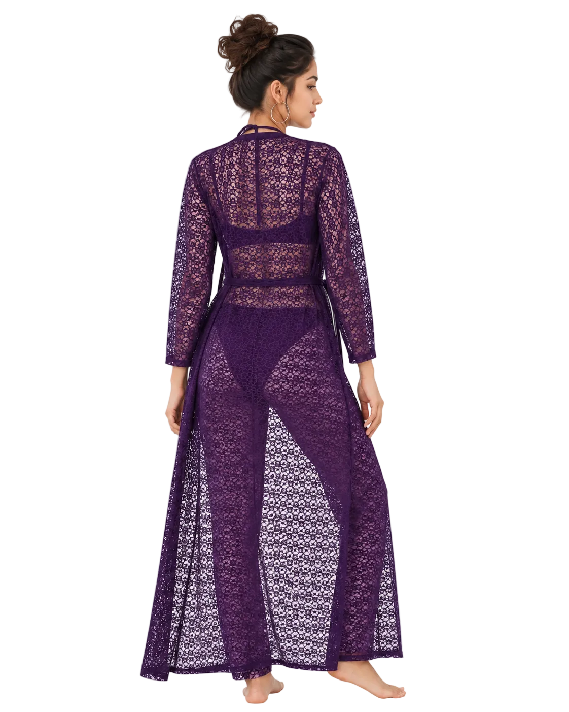 Purple Lace Halter Robe & Pants Set 3 Piece Sheer Lace Cover-Up with Bralette - Image 2