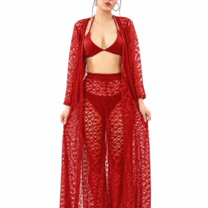 Red Lace Halter Robe & Pants Set 3 Piece Sheer Lace Cover-Up with Bralette