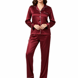 Velvet Wine Satin Pyjama Set Deep Burgundy
