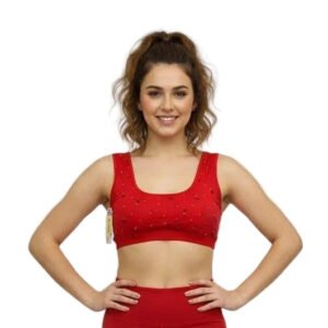 Ditsy Floral Print Cotton Crop-Top Bra (Crimson Red) by Velmora