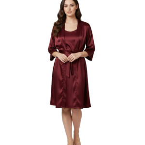 Wine Satin Robe & Slip Set Deep Burgundy