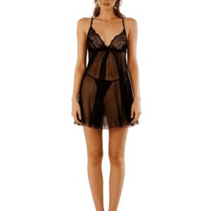 Black Lace Babydoll Lingerie Set – Sheer Mesh Sleepwear
