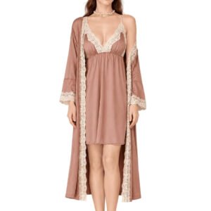Dusty Rose Satin Nighty with Lace Trim & Matching Robe