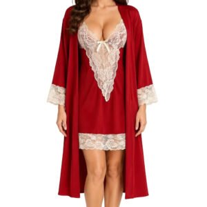 Red Satin Lace Lingerie Nightgown & Robe Set