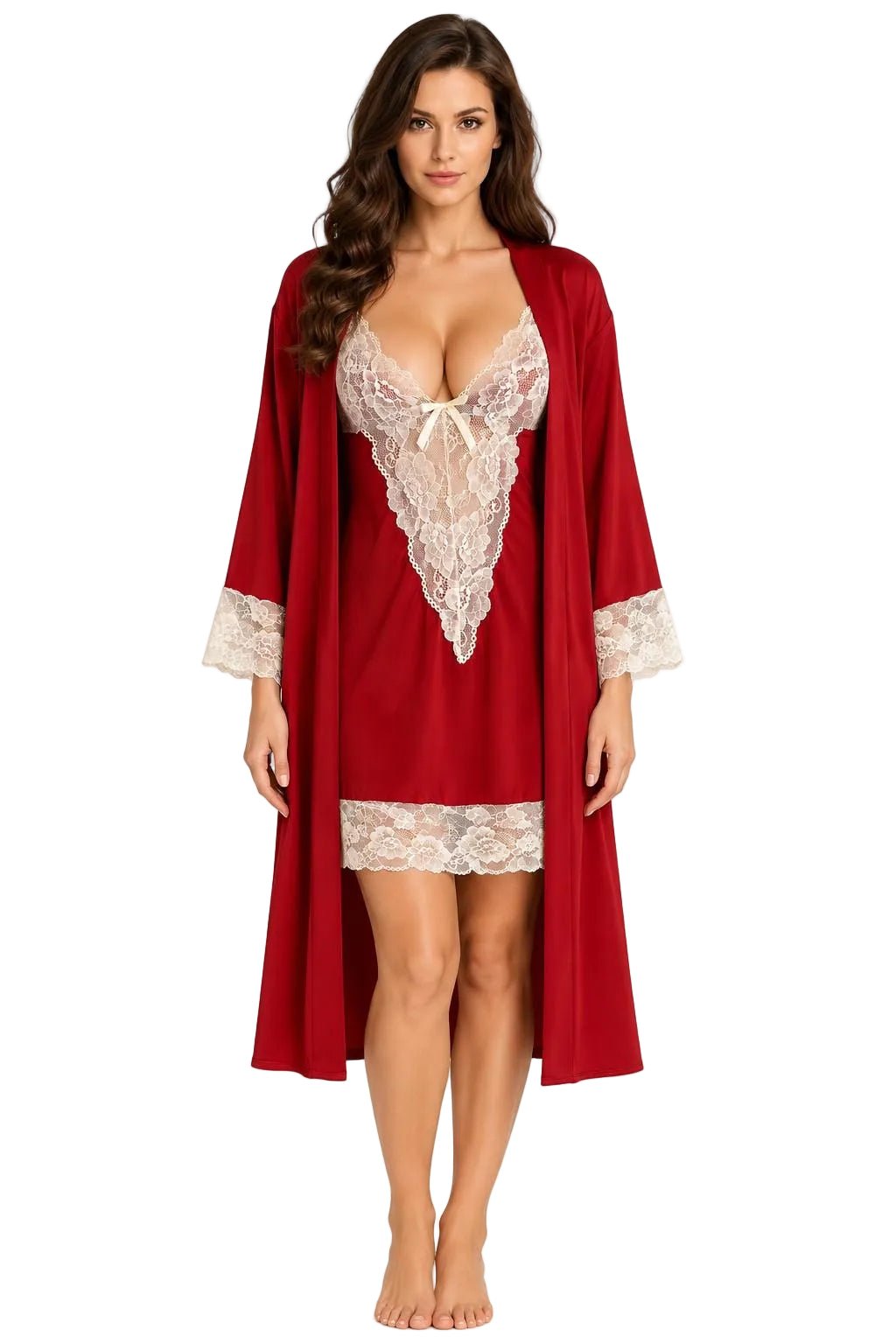 Red Satin Lace Lingerie Nightgown & Robe Set