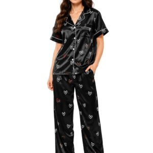 Black Heart Printed Satin Night Suit for Women – Notch Collar Shirt & Pants Set