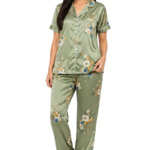 Sage Green Floral Print Satin Pajama Set – Women's Short Sleeve Notch Collar Nightwear