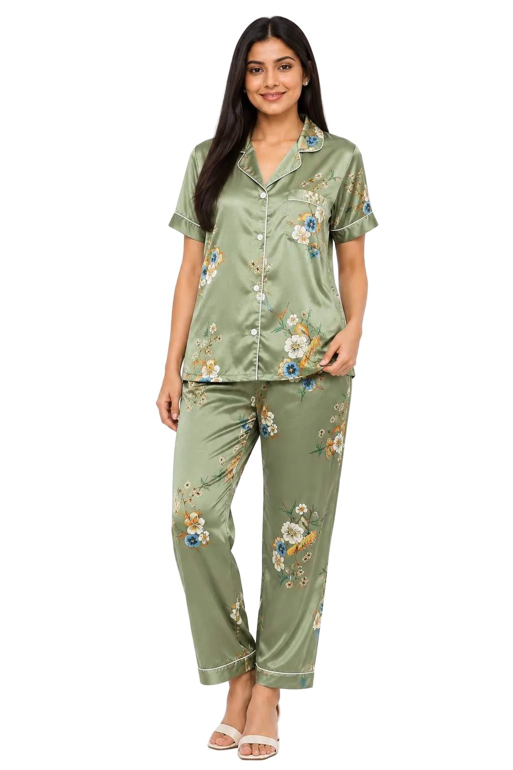 Sage Green Floral Print Satin Pajama Set – Women's Short Sleeve Notch Collar Nightwear
