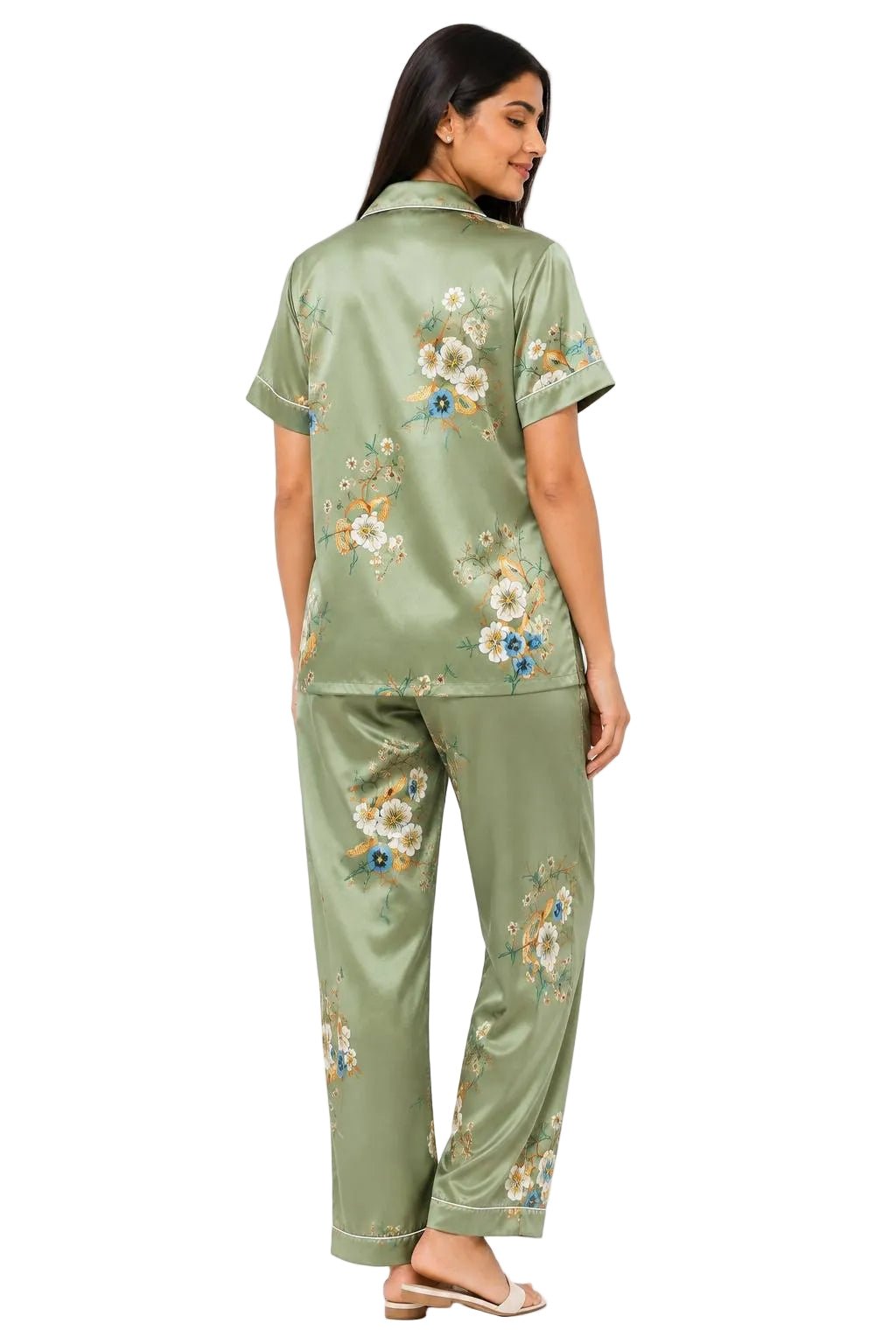 Sage Green Floral Print Satin Pajama Set – Women's Short Sleeve Notch Collar Nightwear - Image 2
