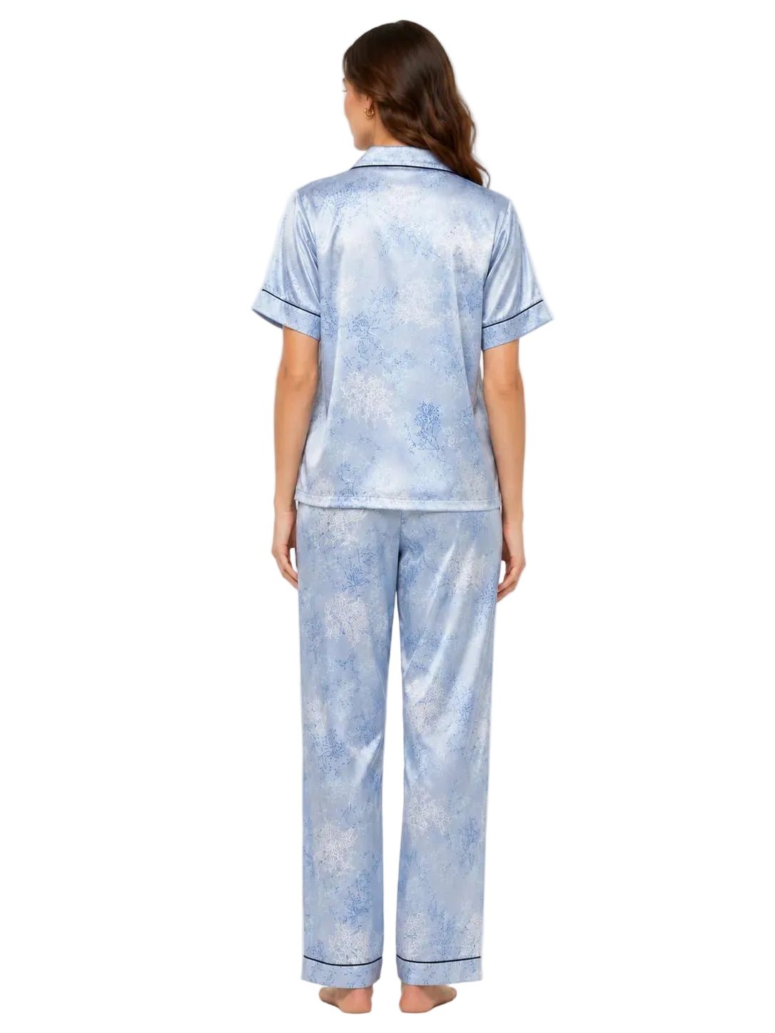 Light Blue Printed Satin Night Suit for Women – Notch Collar Shirt & Pants Set - Image 2