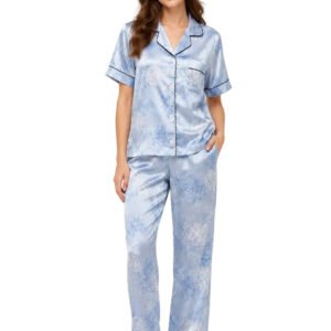 Light Blue Printed Satin Night Suit for Women – Notch Collar Shirt & Pants Set