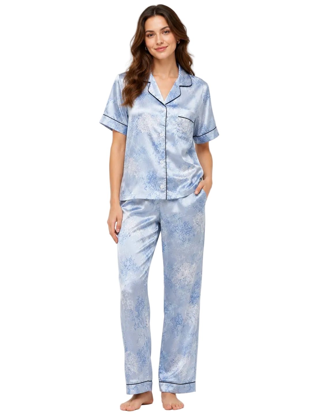 Light Blue Printed Satin Night Suit for Women – Notch Collar Shirt & Pants Set