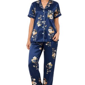 Navy Blue Floral Printed Satin Night Suit for Women – Notch Collar Shirt & Pants Set