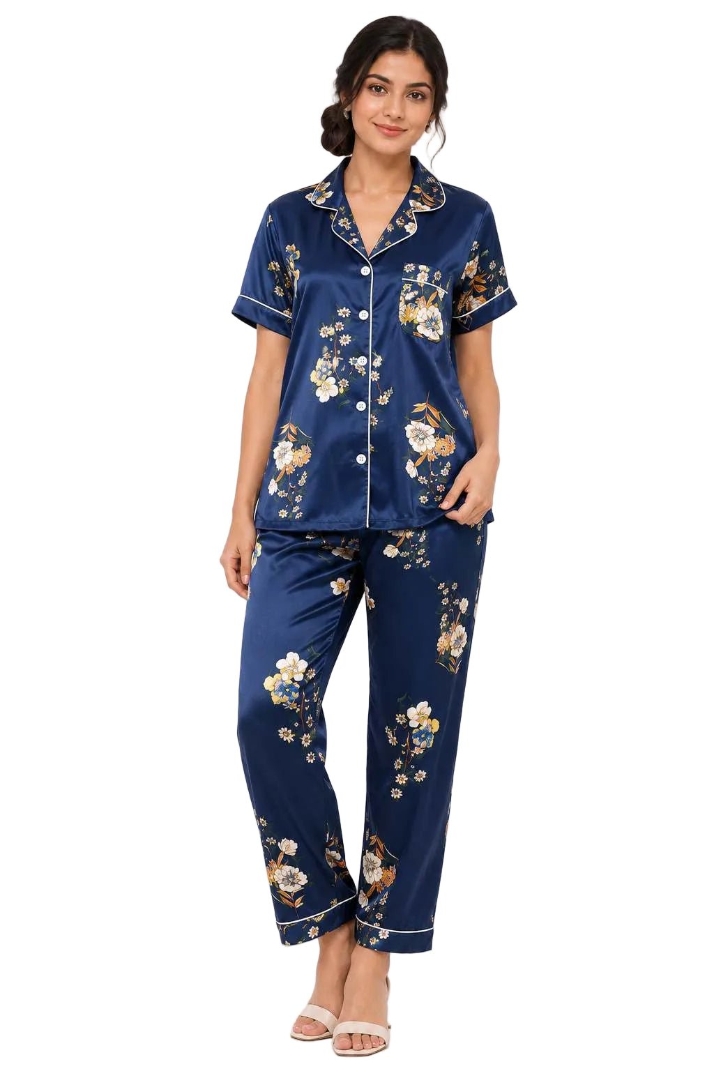 Navy Blue Floral Printed Satin Night Suit for Women – Notch Collar Shirt & Pants Set