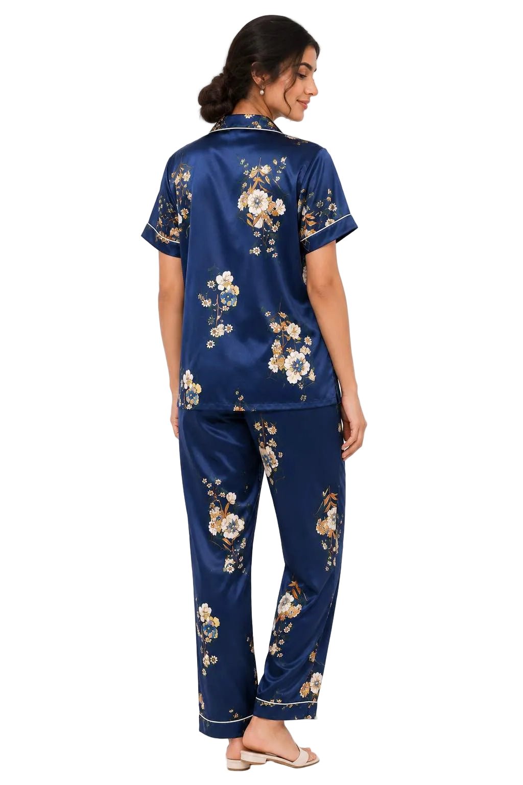 Navy Blue Floral Printed Satin Night Suit for Women – Notch Collar Shirt & Pants Set - Image 2