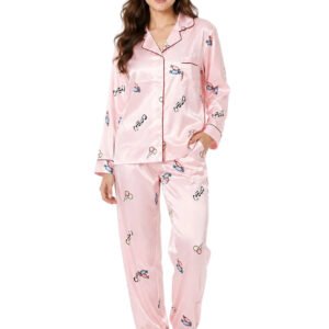Pink Candy Printed Satin Night Suit for Women – Notch Collar Shirt & Jogger Pants Set