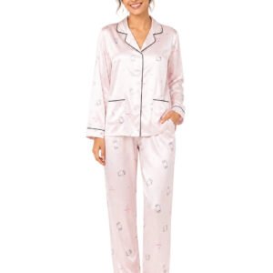 Soft Pink Printed Satin Night Suit for Women – Notch Collar Shirt & Pants Set