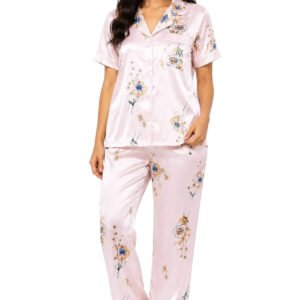 Blush Pink Floral Printed Satin Night Suit for Women – Notch Collar Shirt & Pants Set