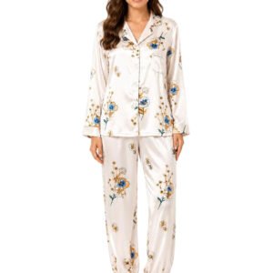 White Floral Printed Satin Night Suit for Women – Notch Collar Shirt & Jogger Pants Set