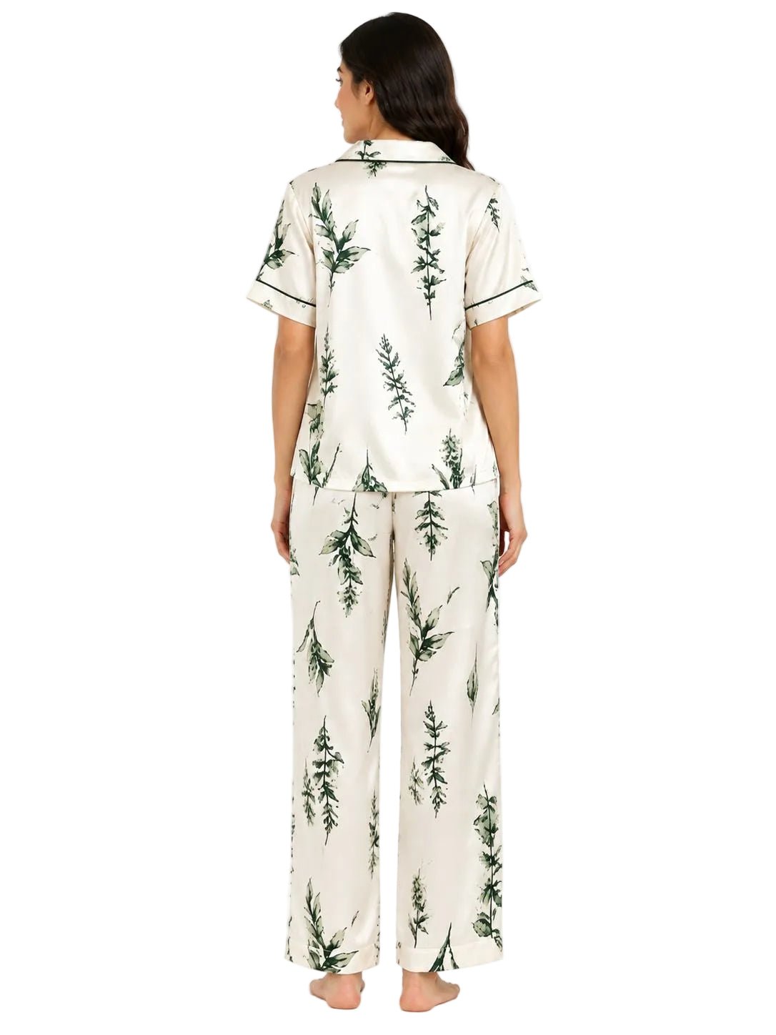 Ivory Green Botanical Leaf Printed Satin Night Suit for Women – Notch Collar Shirt & Pants Set - Image 2