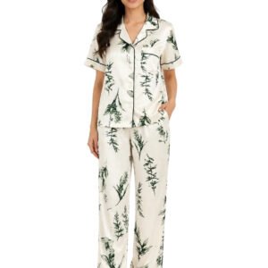 Ivory Green Botanical Leaf Printed Satin Night Suit for Women – Notch Collar Shirt & Pants Set