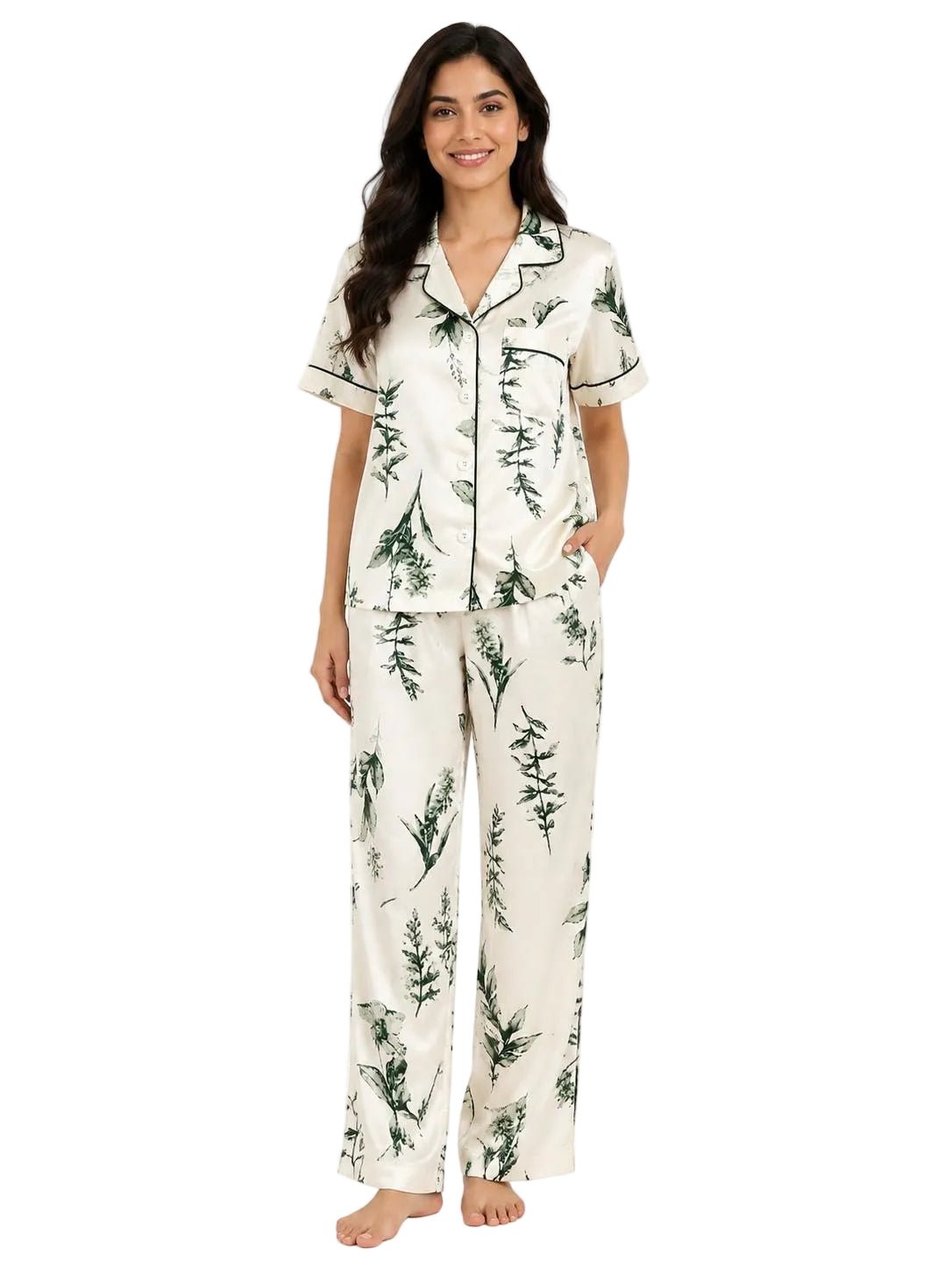 Ivory Green Botanical Leaf Printed Satin Night Suit for Women – Notch Collar Shirt & Pants Set