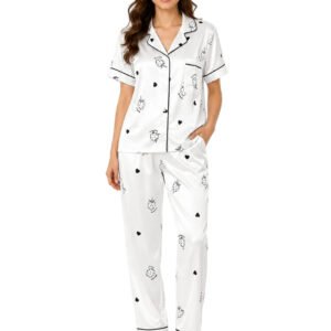 White Strawberry & Heart Printed Satin Night Suit for Women – Notch Collar Shirt & Pants Set
