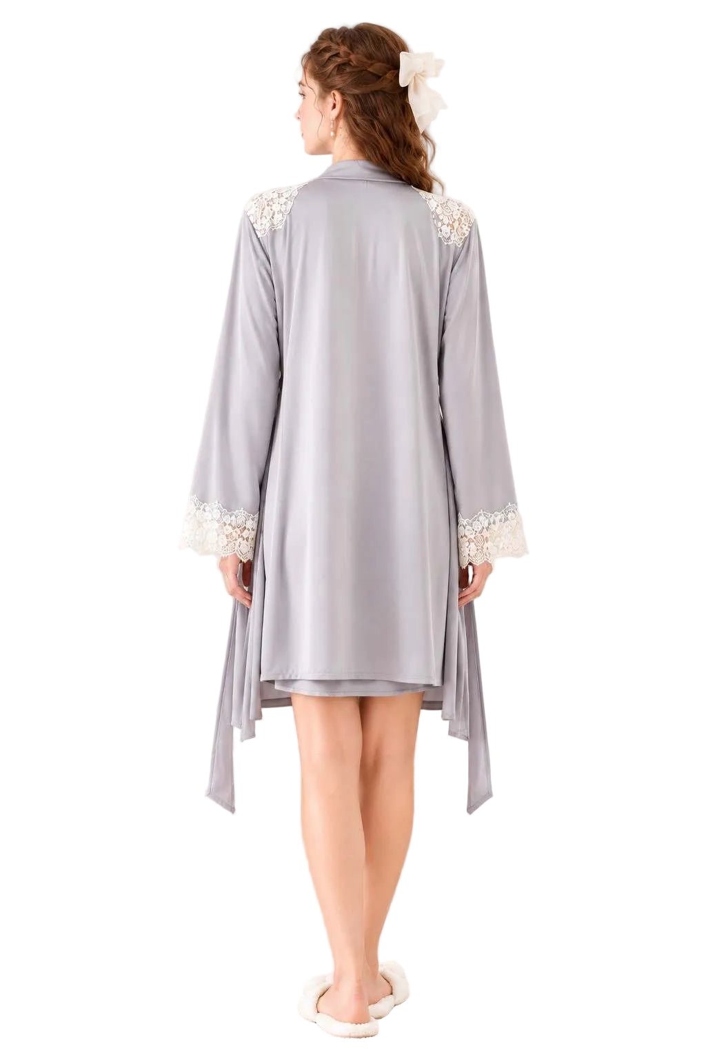 Women’s Satin Lace Trim Robe Long Sleeve Luxury Dressing Gown - Image 2