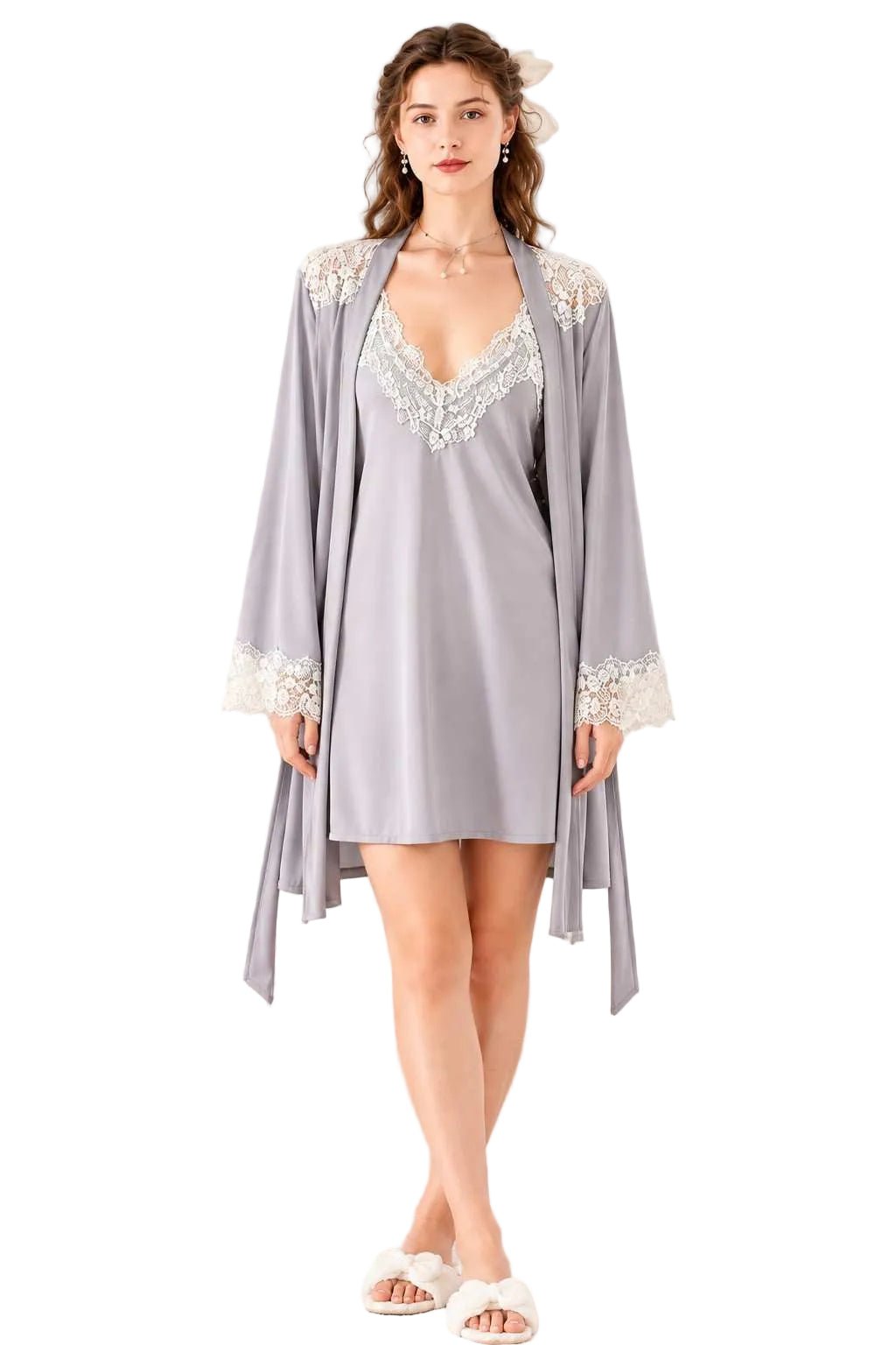 Women’s Satin Lace Trim Robe Long Sleeve Luxury Dressing Gown