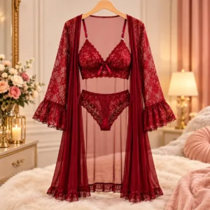 Velmora burgundy three-piece lace lingerie set with floral lace bra, matching panty and long sheer robe