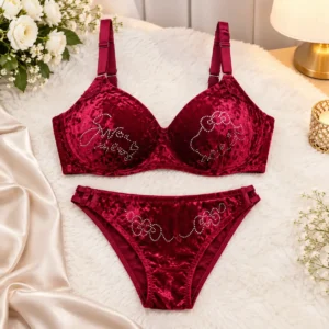 HANA Secret black velvet-look bra and matching panty set with decorative floral embellishments