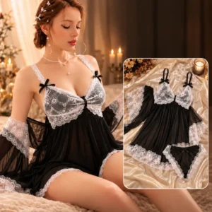 Velmora black sheer babydoll lingerie set with white floral lace trim and matching panty