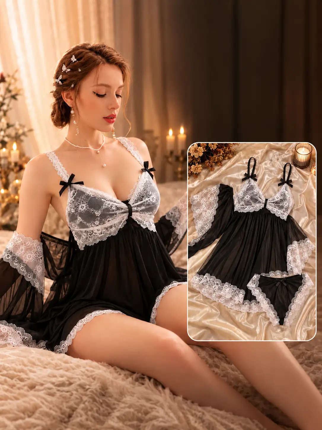 Velmora black sheer babydoll lingerie set with white floral lace trim and matching panty