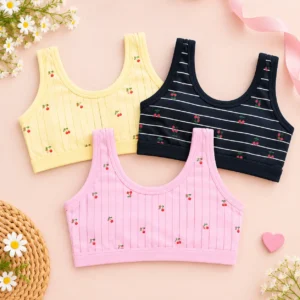 Girls’ training bra pack of 3 in yellow, black and pink with cherry print and striped design, free size
