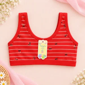 Girls’ cherry-print training bra with striped design, wide straps and free-size fit