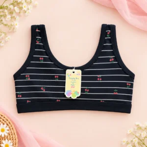 Black girls’ cherry-print training bra with white horizontal stripes, free size