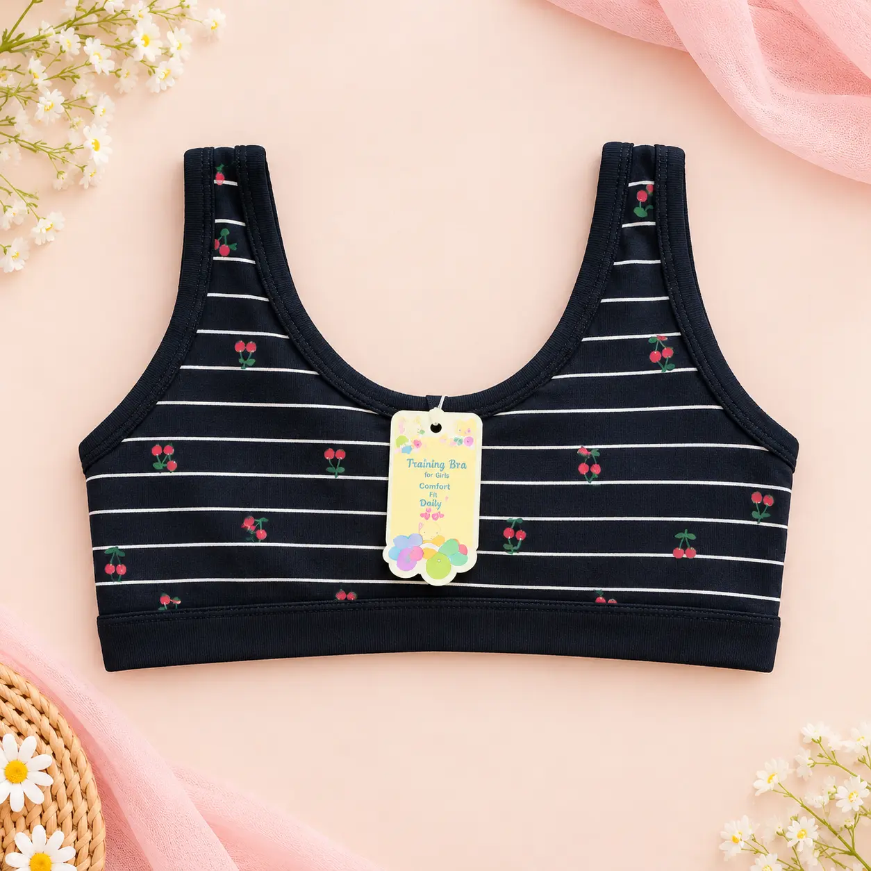 Black girls’ cherry-print training bra with white horizontal stripes, free size