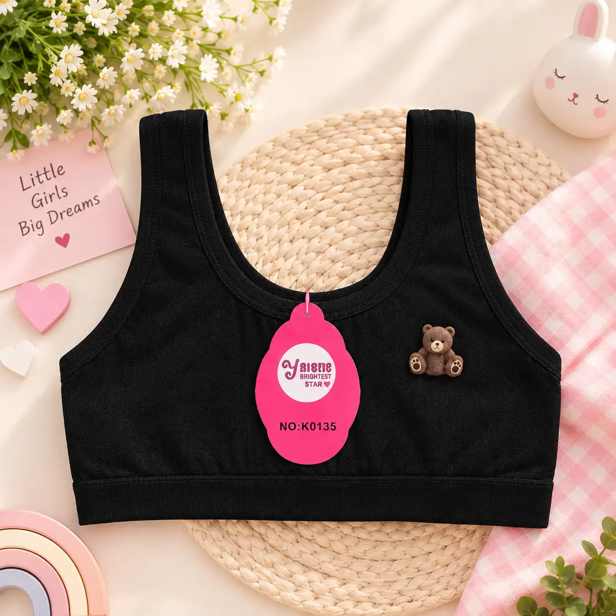 Black girls’ starter sports bra with teddy bear detail and wide straps, free size