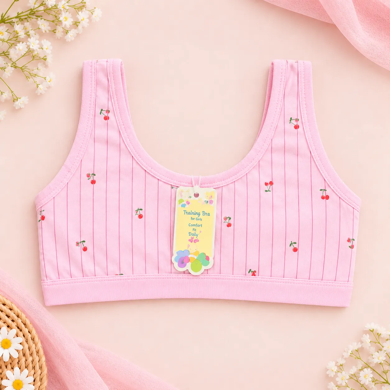 Girls’ cherry-print training bra with striped design, wide straps and free-size fit