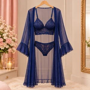 Navy blue three-piece lace robe set with floral lace bra, matching panty and long sheer robe by Velmora