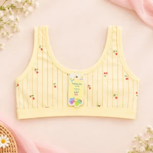 Yellow girls’ cherry-print training bra with vertical stripes, free size