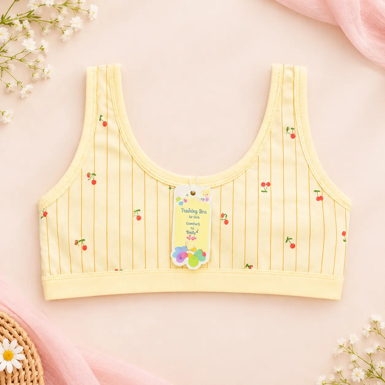 Yellow girls’ cherry-print training bra with vertical stripes, free size