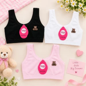 Girls’ starter bra pack of 3 in pink, black and white with teddy bear details, free size